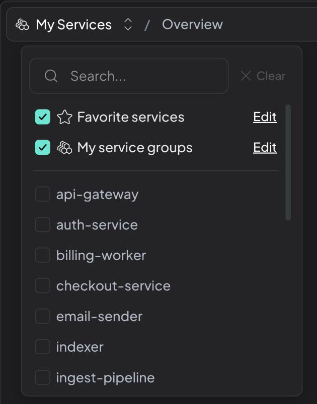 Service filter with Favorite services and My service groups selected